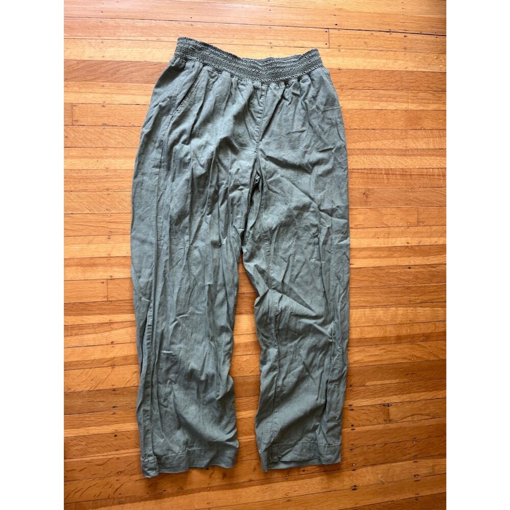 Briggs linen blend army olive green stretchy waist wide straight leg pants L